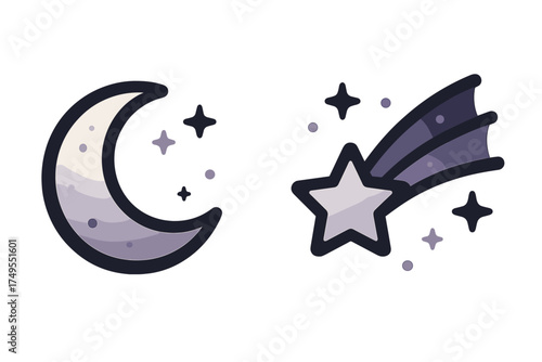 Stylized icons of a crescent moon and a bright shooting star traveling across the night sky