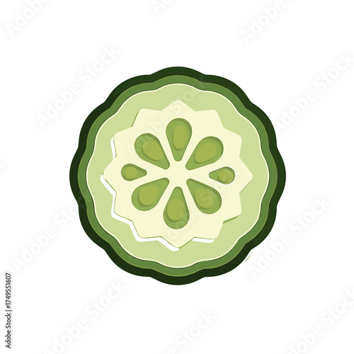 Isolated cucumber slice on white background, flatlay styled. Cucumber slice reveals crisp texture and vibrant shades of green. Use this cucumber slice in culinary advertisements,