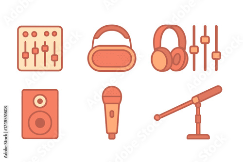 Professional audio equipment set featuring sound mixer, studio speaker, headphones, and microphone