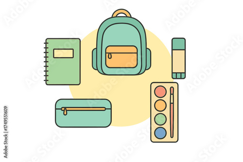 Arrangement of essential school supplies including backpack, sketchbook, glue stick, and watercolor set