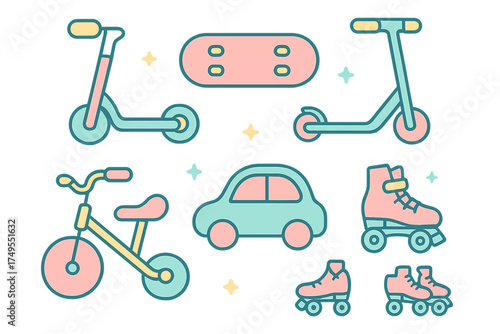 Cute pastel icons of kids' wheeled toys: bicycle, skateboard, car, scooter, and roller skates