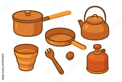 Set of essential camping and hiking cooking gear for outdoor adventures