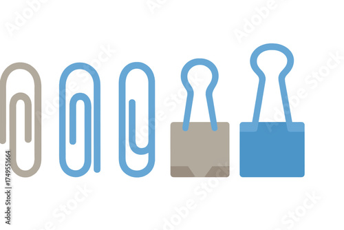 Assortment of stationery items including various styles of paper clips and document binder clips