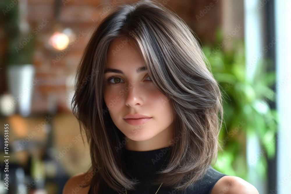 Fototapeta premium Young woman showcasing a stylish shoulder length layered haircut, presenting natural beauty and confidence