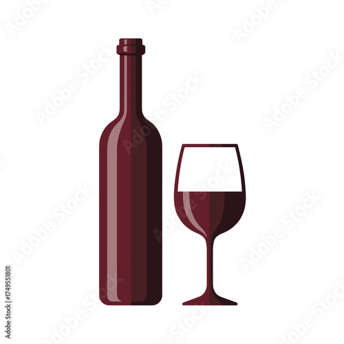 Elegant wine bottle and glass containing red wine, displayed against simple white backdrop. Red wine adds sophistication, perfect for showcasing wine and its rich color.