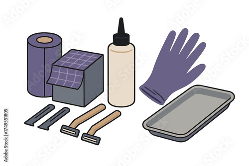 Hair coloring and removal tools set including razors, gloves, dye bottle, and foil roll