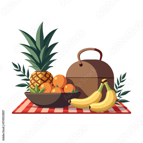 Picnic still life with fresh fruit and grill on checkered tablecloth. Picnic includes oranges, pineapple, and bananas, composing summer scene.