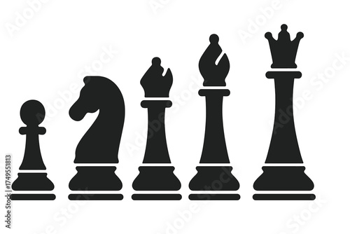 Black silhouette of classic chess pieces including pawn, knight, bishop, and queen on white background