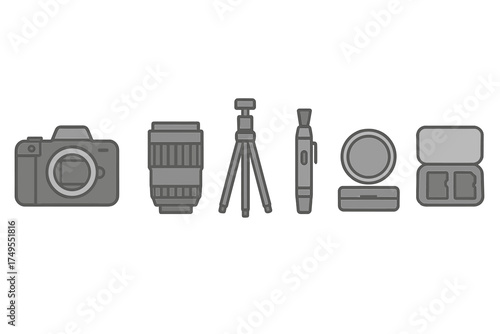 Essential photography equipment icons set featuring camera, lens, tripod, and accessories