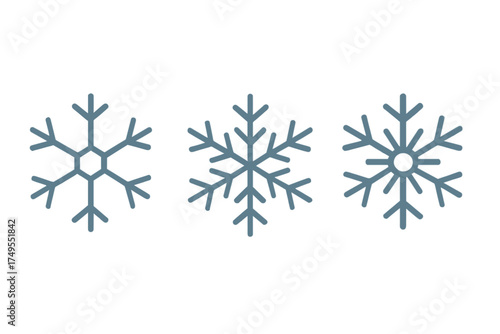 Minimalist set of three blue snow crystals symbolizing cold, frost, and winter weather