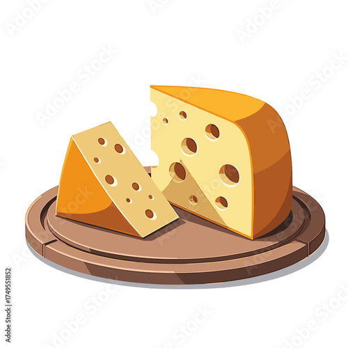 Cheese illustration displays a block of fresh cheese with holes on round wooden board. Cheese illustration showcases dairy product, creating a charming visual.