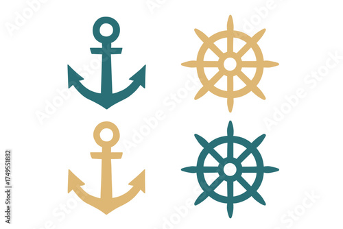 Set of nautical marine symbols featuring anchors and ship steering wheels