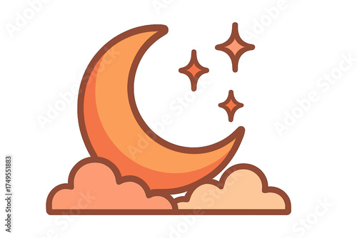 Stylized crescent moon with sparkling stars and fluffy clouds in warm colors