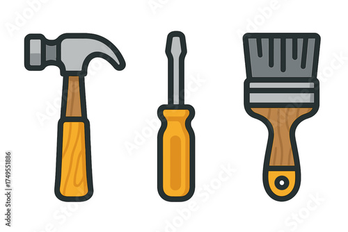 Set of common household tools including hammer, screwdriver, and paintbrush for DIY projects
