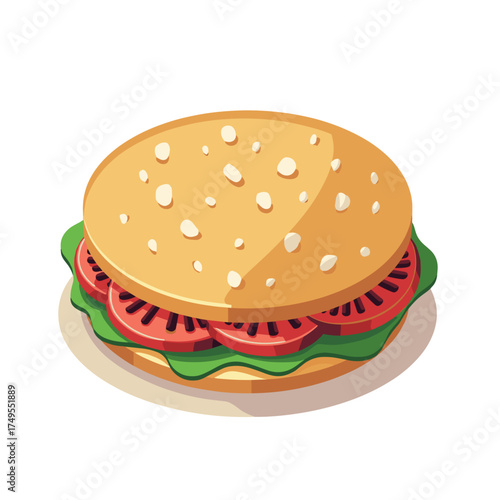 Appetizing sandwich graphic on white background showcases fresh tomato and lettuce. This sandwich artwork illustrates tasty ingredients and simple food arrangement.