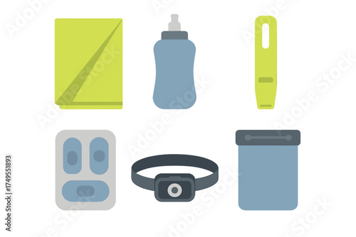 Essential hiking and camping gear set including headlamp, water bottle, whistle, and dry bag