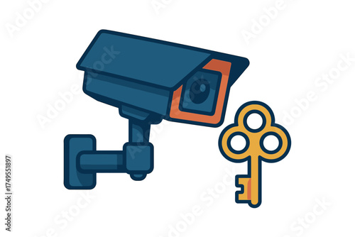 Surveillance camera watching a skeleton key symbolizing security and privacy