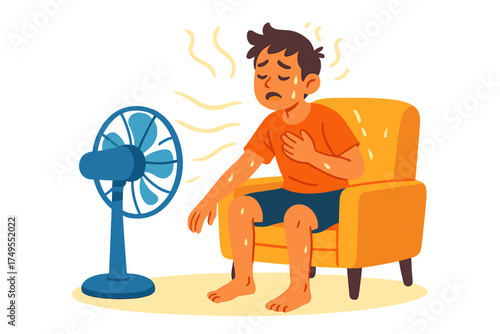Young man suffering heat exhaustion and sweating heavily while sitting next to an electric fan