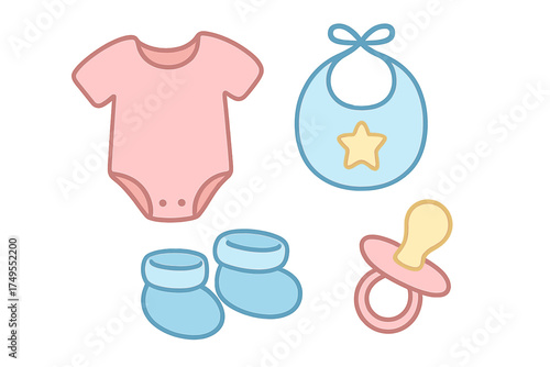 Set of essential newborn baby items including bodysuit bib booties and pacifier