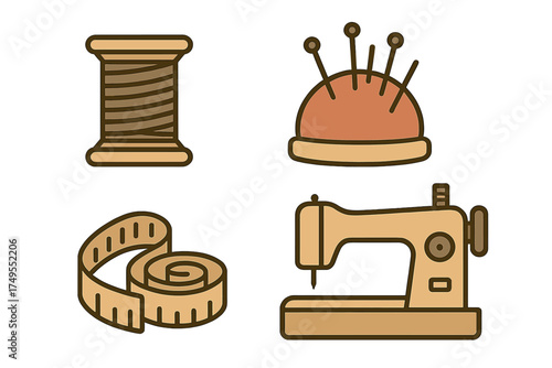 Collection of essential sewing and tailoring equipment including thread spool, pincushion, measuring tape, and machine