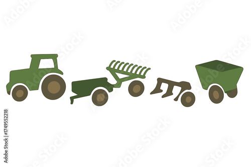Set of essential agricultural machinery and farming equipment including tractor plow and rake