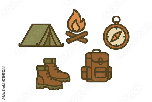 Essential outdoor adventure equipment featuring a tent, campfire, compass, hiking boots, and backpack