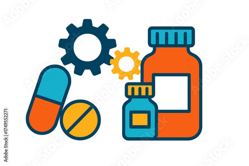 Medicine bottles, pills, capsules, and gears symbolizing pharmaceutical production