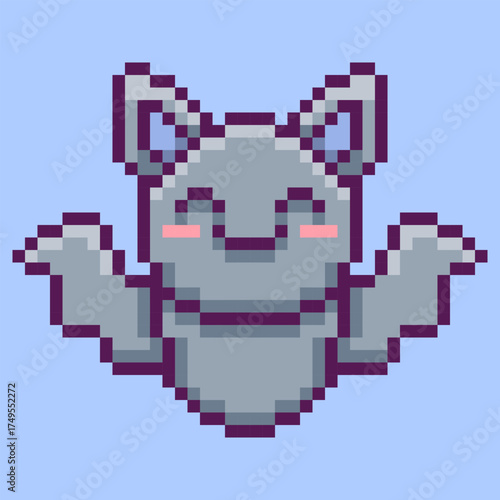 Adorable bat character designed in a charming retro pixel art style. This cute and friendly 8-bit illustration is a perfect symbol for Halloween, fantasy, and nocturnal wildlife