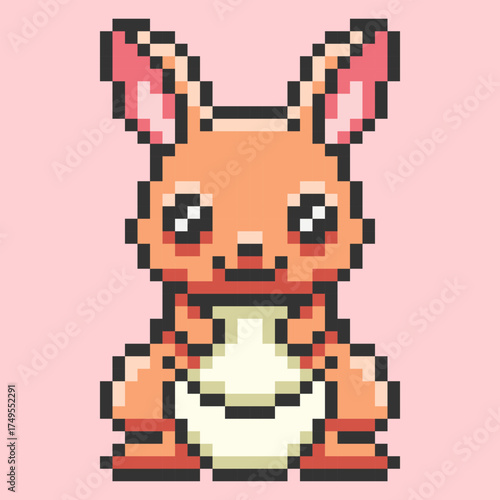 An adorable pixel art baby kangaroo character, sitting upright with a friendly smile and big, cute eyes, in a charming 8-bit retro gaming style, perfect for mascot or character sprite