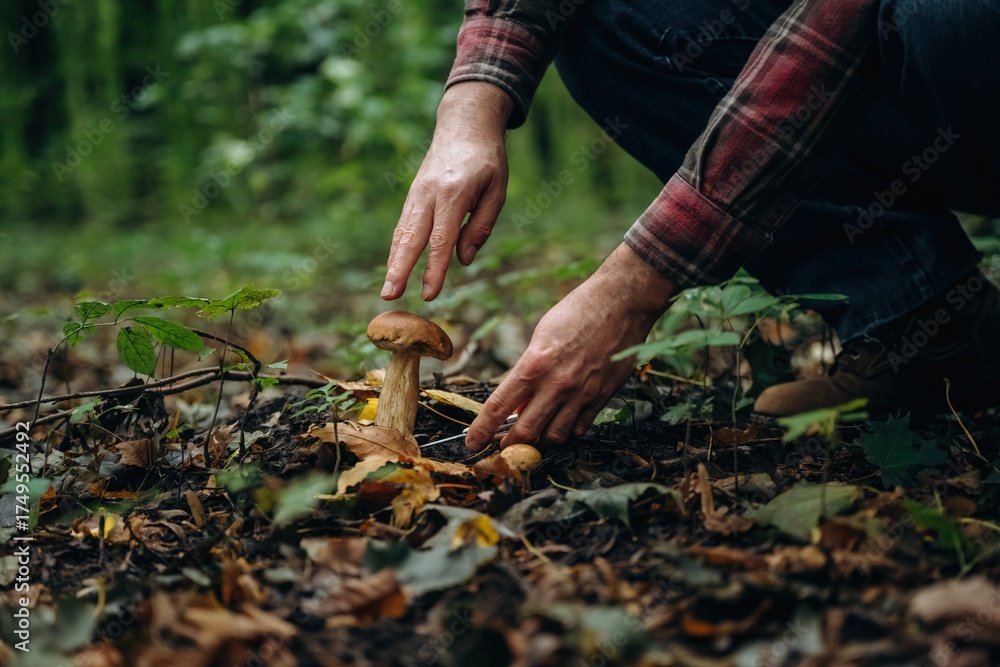 Obraz premium Bended down to cut. Close up view of man that is doing mushroom picking in the forest