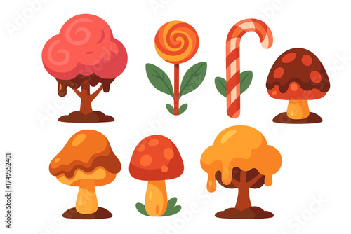 Fantasy candy land elements set with sweet trees, mushrooms, lollipops, and candy canes
