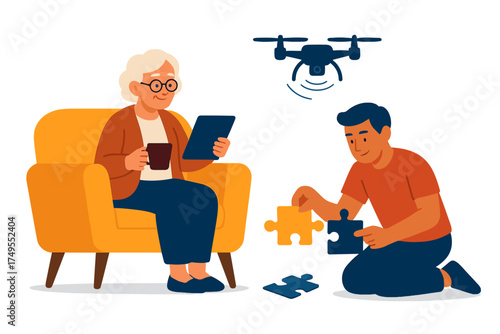 Older woman using digital tablet and young man assembling a puzzle with a surveillance drone nearby
