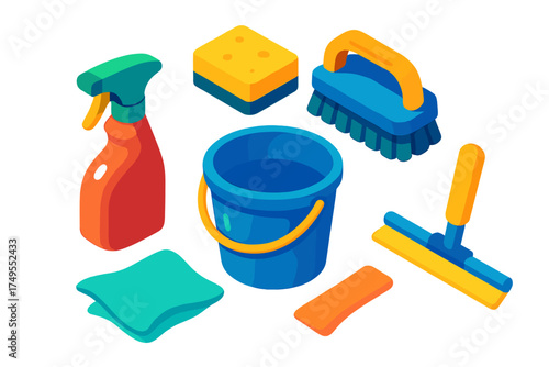 Isometric collection of essential household cleaning tools and sanitation equipment