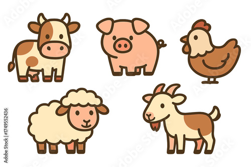 Cute cartoon farm animals set including cow pig chicken sheep and goat isolated on white background
