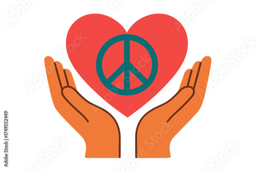 Cupped hands supporting a large red heart containing the universal peace sign symbol