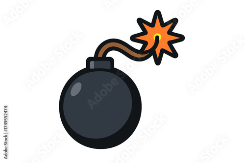 Traditional round black bomb with a burning fuse and bright orange spark