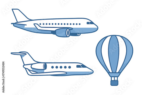 Commercial airplane, private jet, and hot air balloon representing air travel and transport