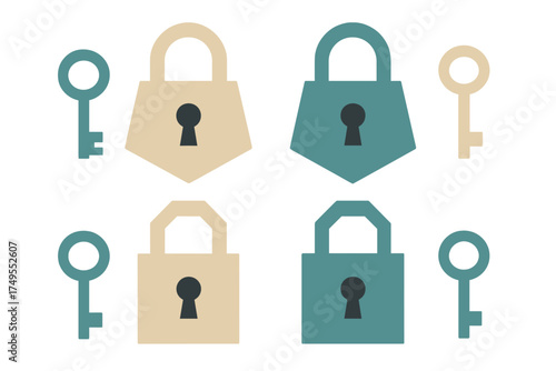 Stylized collection of padlocks and keys in beige and teal colors for security concepts