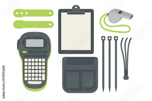 Essential tools for organization and event management including a label maker, clipboard, and whistle