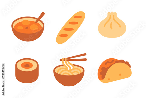 Set of stylized icons representing various international cuisine items and popular dishes