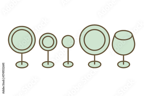 Minimalist collection of tableware including various plates and a stemmed wine glass icon set
