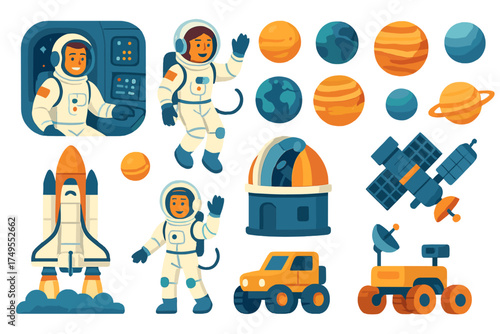 Astronauts, rocket ship, planets, observatory dome, and planetary rover vehicle for space exploration