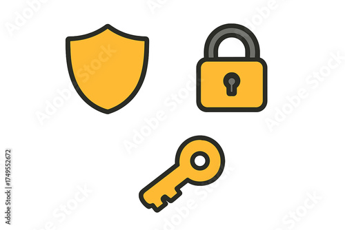 Digital security symbols for data protection, featuring shield, padlock, and key
