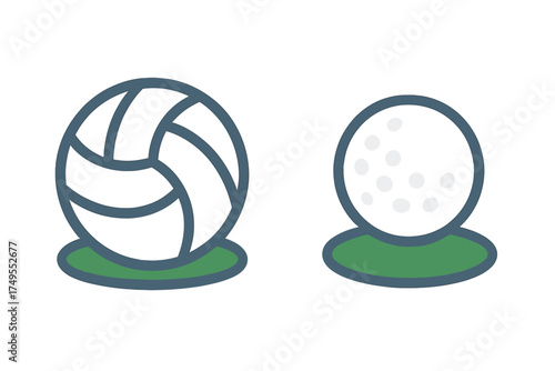 Volleyball and golf ball resting on green ground for sports activities