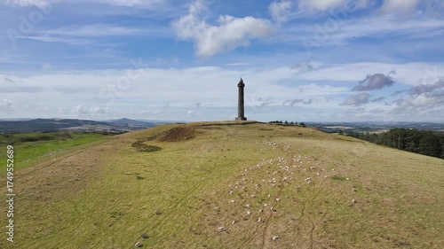 Waterloo Monument over Scottish fields and farms from a drone, Jedburgh, Scotland, UK