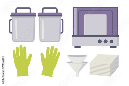 Resin 3D printing post-processing equipment set with wash containers, UV curing station, gloves, and filters