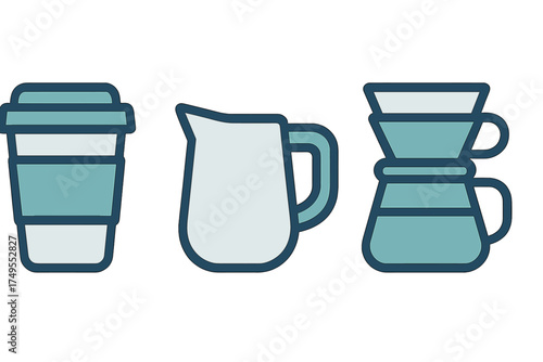 Minimalist line art icons of coffee brewing equipment: to-go cup, milk pitcher, and pour-over brewer