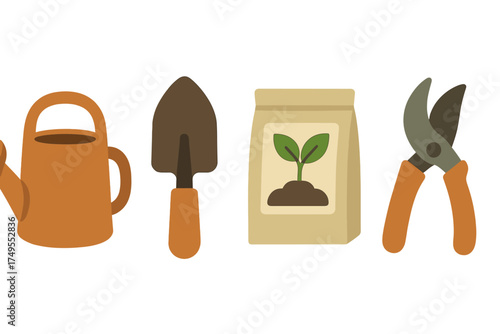 Essential gardening tools and supplies including watering can, trowel, seed bag, and pruning shears
