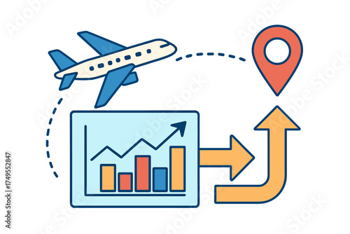 Flight route analysis connecting travel data to a destination location pin