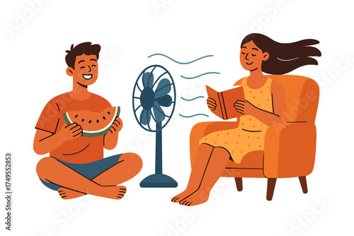 Happy couple relaxing indoors with a fan and watermelon seeking relief from summer heat
